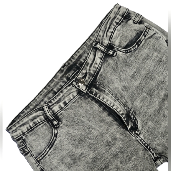 🟨⚫️ Cut Out Ripped Black Distressed Raw Hem Grey Denim Skinny Jeans Large 8/10 - Picture 3 of 12